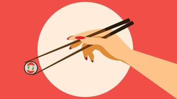 hand holds a Sushi roll with chopsticks isolated vector