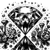 Black and white silhouette of a perfectly cut sparkling solitaire diamond gemstone vector