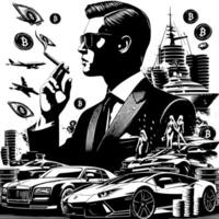 negro y blanco ilustración de un exitoso negocio hombre con dinero carros muchachas y lujo vector