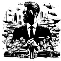 Black and white Illustration of a successful Business Man with Money Cars Girls and Luxus vector