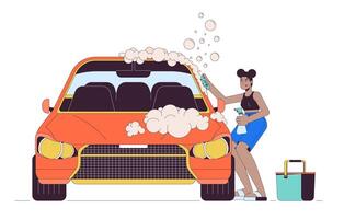 africano americano mujer Lavado coche línea dibujos animados plano ilustración. negro hembra limpieza auto 2d arte lineal personaje aislado en blanco antecedentes. tomando cuidado de vehículo escena color imagen vector