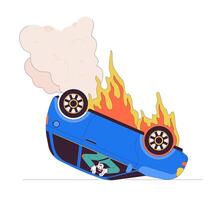 coche al revés abajo en fuego línea dibujos animados plano ilustración. asustado asiático hombre bloqueado dentro ardiente auto 2d arte lineal personaje aislado en blanco antecedentes. la carretera accidente escena color imagen vector