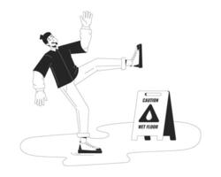 Caucasian man falling on wet floor black and white cartoon flat illustration. Carefree male slipping on puddle 2D lineart character isolated. Dangerous situation monochrome scene outline image vector