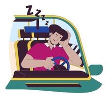 Latin man falling asleep while driving line cartoon flat illustration. Tired hispanic male driver at steering wheel 2D lineart character isolated on white background. Accident scene color image vector