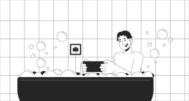 contento hombre con teléfono inteligente tomando bañera negro y blanco línea ilustración. descuidado asiático masculino utilizando eléctrico dispositivo en agua 2d personaje monocromo antecedentes. peligro escena cuentacuentos imagen vector