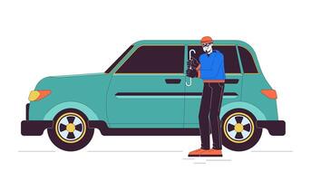 ladrón rotura dentro coche línea dibujos animados plano ilustración. caucásico delincuente hombre robando auto 2d arte lineal personaje aislado en blanco antecedentes. ilegal comportamiento con vehículo escena color imagen vector