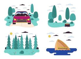 Travelling to wild nature line cartoon flat illustration set. Tourism 2D lineart objects isolated on white background. Safety during outdoor activities scene color image collection vector