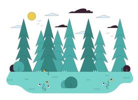 Deep pine forest line cartoon flat illustration. Wanderlust leisure. Fir trees growing near grassy glade 2D lineart objects isolated on white background. Discovery wild nature scene color image vector