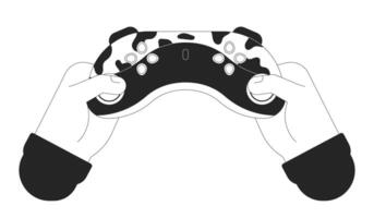 Holding gamepad cartoon human hands outline illustration. game controller buttons pressing 2D isolated black and white image. Gadget. Carrying joystick flat monochromatic drawing clip art vector