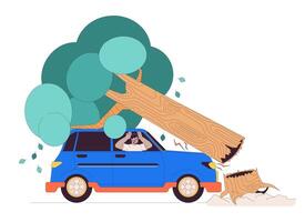 Road accident line cartoon flat illustration. Scared arab driver in car under fallen tree 2D lineart character isolated on white background. Driving at storm danger scene color image vector