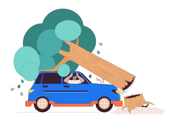 Road accident line cartoon flat illustration. Scared arab driver in car under fallen tree 2D lineart character isolated on white background. Driving at storm danger scene color image