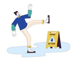 Caucasian man falling on wet floor line cartoon flat illustration. Carefree male slipping on puddle 2D lineart character isolated on white background. Dangerous situation scene color image vector