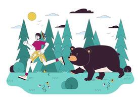 Wild animal encounter line cartoon flat illustration. Asian woman running away from angry bear 2D lineart characters isolated on white background. Danger of wild nature scene color image vector