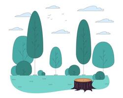 vacío claro con árbol tocón en madera línea dibujos animados plano ilustración. de viaje a verano bosque 2d arte lineal objetos aislado en blanco antecedentes. pintoresco paisaje escena color imagen vector