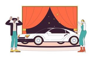 Diverse couple buying new car line cartoon flat illustration. Man and woman impressed by modern auto 2D lineart characters isolated on white background. Car dealership scene color image vector