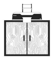 impresora con papel sábana en gabinete negro y blanco 2d línea dibujos animados objeto. impresión dispositivo en oficina aislado contorno elementos. corporativo interior diseño monocromo plano Mancha ilustración vector
