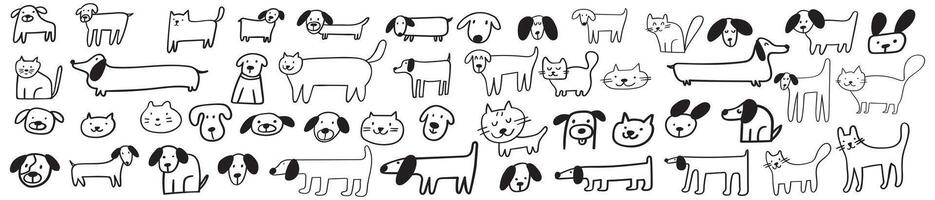 grande colección de perros y gatos sesión, de pie, sonriente. aislado iconos negro color. contorno ilustraciones en blanco antecedentes. vector