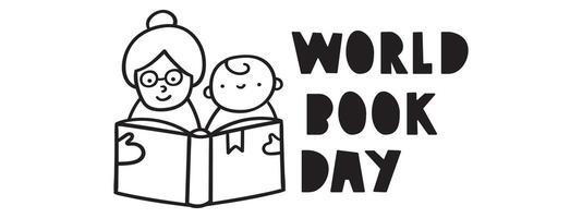 World book day. Grandmother and little boy reading a book. Outline design. Illustration on white background. vector