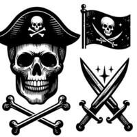 negro y blanco ilustración de pirata símbolo con espadas y sombrero vector