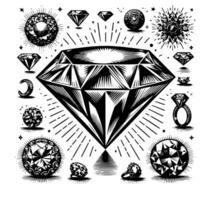 Black and white silhouette of a perfectly cut sparkling solitaire diamond gemstone vector