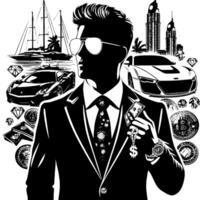 Black and white Illustration of a successful Business Man with Money Cars Girls and Luxus vector