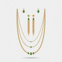 Set of golden chains with Ruby diamond pendants design . Precious necklaces. vector