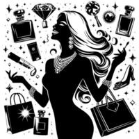 negro y blanco ilustración de un suerte lujoso compras dama con pantalones y diamantes y perfume vector