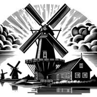 negro y blanco ilustración de un tradicional antiguo molino en Holanda vector