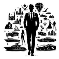 negro y blanco ilustración de un exitoso negocio hombre con dinero carros muchachas y lujo vector