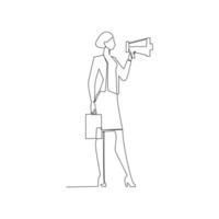 Continuous line drawing of business woman with megaphone. Hand drawn style in communication in business concept illustration design vector