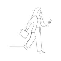 continuo línea dibujo de un mujer caminando con un maletín y un móvil teléfono vector