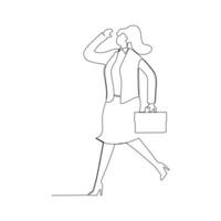 Cartoon style continuous line drawing of a businesswoman walking in blazer and briefcase. Confident in business concept. vector