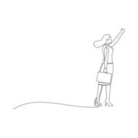 Continuous one line drawing of happy businesswoman with briefcase. Career goal achievement and development in business vector