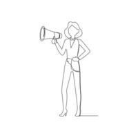 continuous line drawing of a businesswoman with megaphone to Communicate message, announce job vacancy for hiring, shouting promotion or company communication, warning alert vector