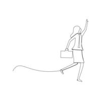 continuous line drawing of a businesswoman walking with a briefcase trying to catch a high object. Business concept illustration vector