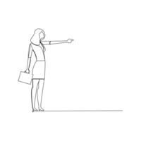 Businesswomen pointing finger at something. Business target management concept and illustration. Hand drawn style Continuous line drawing design vector