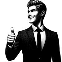 Black and White Illustration of a Man in Business Suit is showing the Thumbs up Sign vector