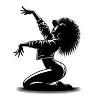 negro y blanco ilustración de un punk mujer es bailando y sacudida en un exitoso actitud vector