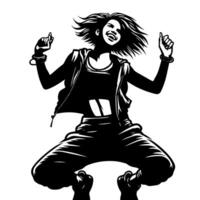 negro y blanco ilustración de un punk mujer es bailando y sacudida en un exitoso actitud vector