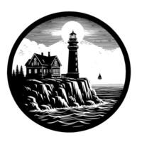 Black and White Illustration of a traditional old Lighthouse on the rocks vector