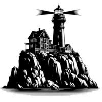 Black and White Illustration of a traditional old Lighthouse on the rocks vector