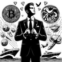 negro y blanco ilustración de un exitoso negocio hombre con bitcoins dinero carros y lujo vector