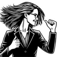 Black and White Illustration of a Woman in Business Suit is dancing and shaking in a Successful Pose vector