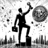 Black and white Illustration of a successful Business Man with Bitcoins Money Cars and Luxus vector