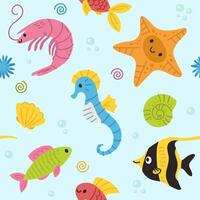 Continuous pattern of sea life. Sea creatures. Fish, seahorse, shells. doodle cartoon illustration of sea life objects for textile and design vector