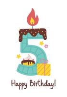 contento cumpleaños. vela número, regalos, pastel, estrella. cinco. ilustración aislado en blanco vector