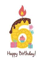 Happy birthday. Candle number, gifts, cupcake, muffin, star. Six. illustration isolated on white vector