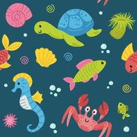 Continuous pattern of sea life. Sea creatures. Jellyfish, fish, seahorse, crab, shells. doodle cartoon illustration of sea life objects for textile vector