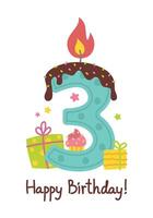 Happy birthday. Candle number, gifts, cupcake, muffin, star. Three. illustration isolated on white vector