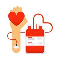 Donate blood concept with blood bag. Donor arm. Medical and healthcare. vector